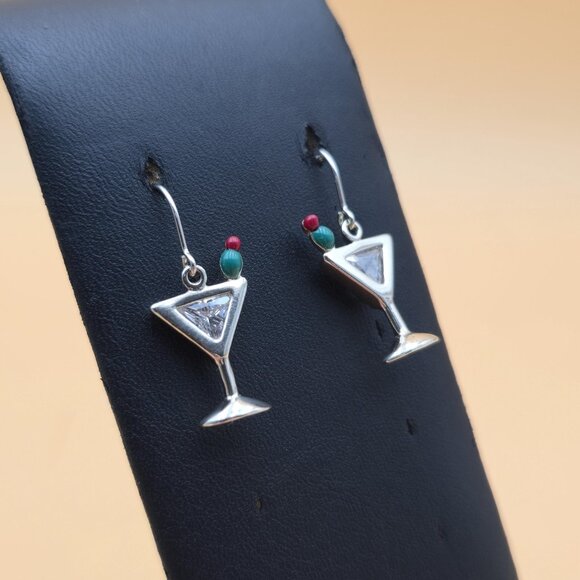 Sterling Silver Cubic Zirconia Cocktail Glass Dangle Earrings A5679 - Picture 3 of 6